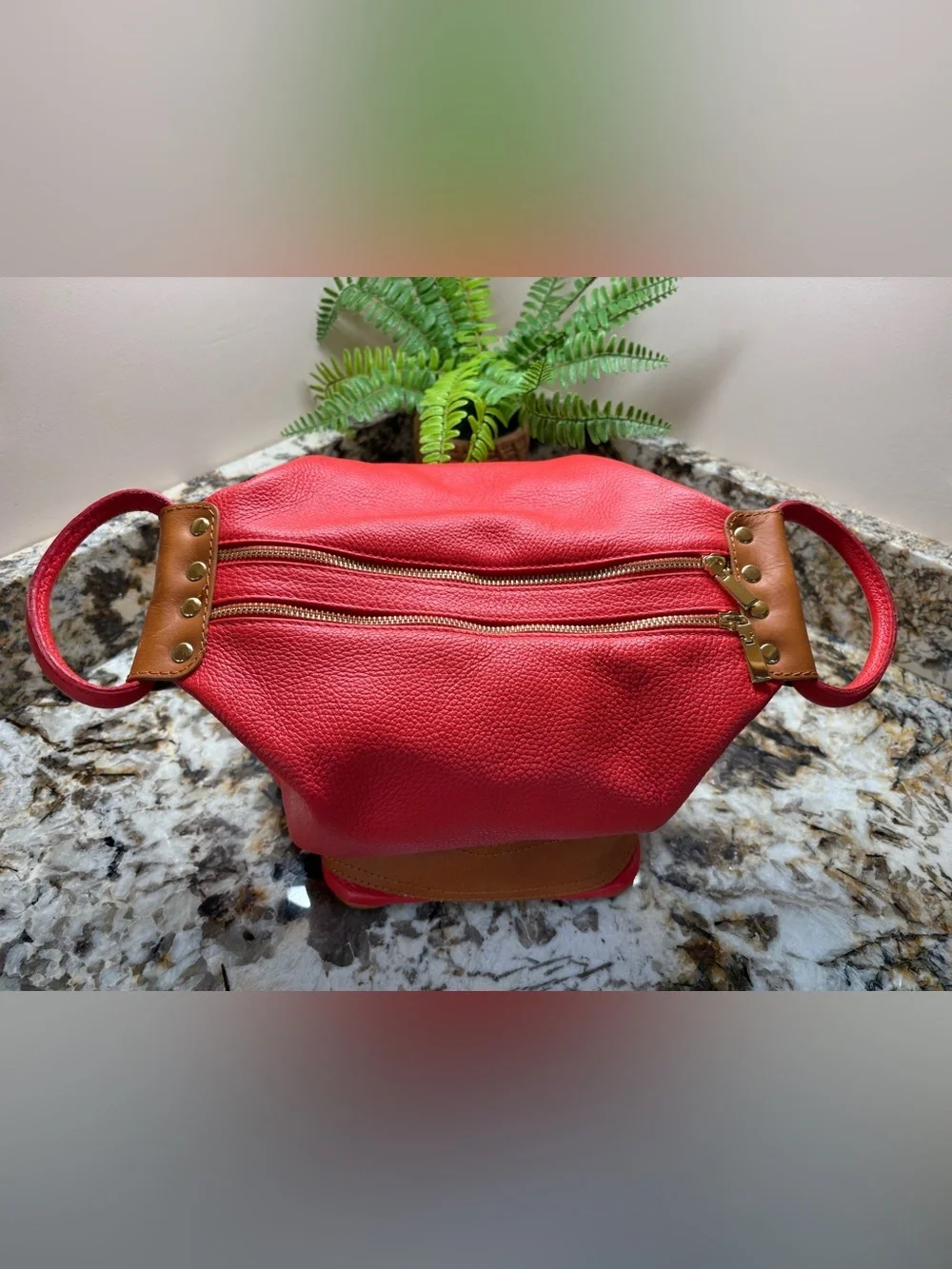 Valentina Coral Orange  and Tan Leather Tote with Gold Hardware